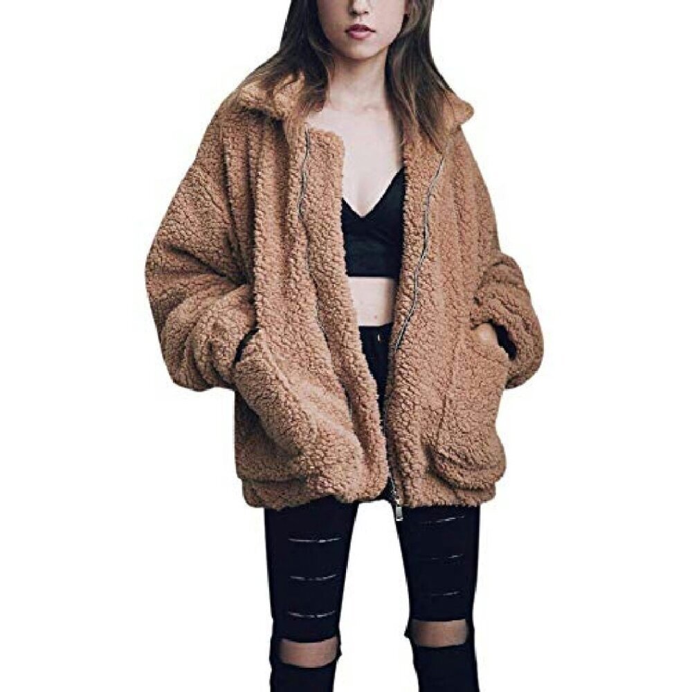 Oversized Faux Shearling Fleece Jacket Women's Winter Coat Warm Boyfriend Style - Picture 7 of 8